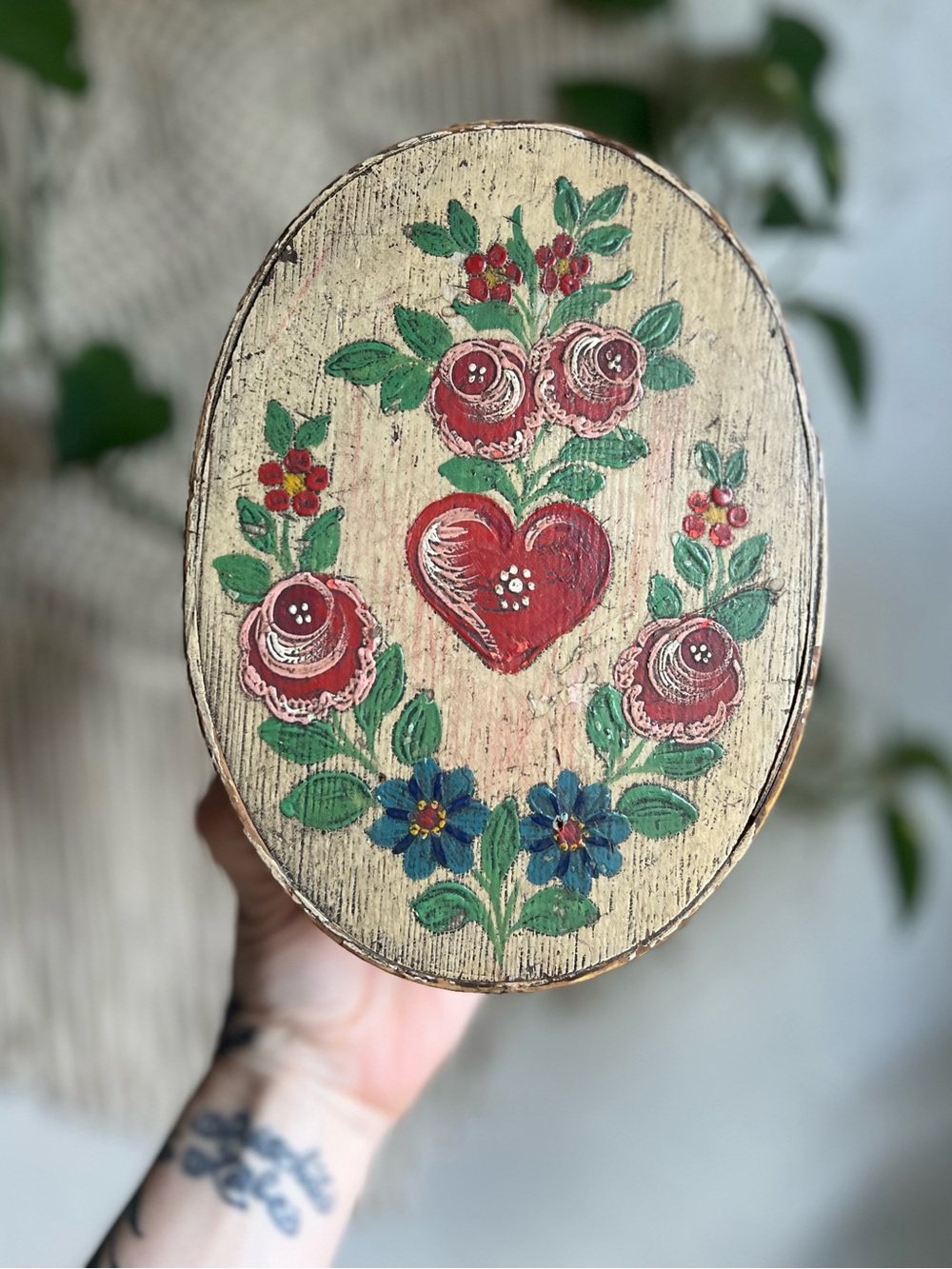 Vintage Scandinavian Folk Art Bentwood Oval Box Heart Floral Trinket Norwegian - Picture 5 of 11
